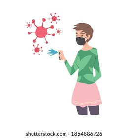 Young Woman Wearing Protective Medical Mask with Antibacterial Spray, Protection from Virus Outbreak, Pandemic Prevention Concept Cartoon Style Vector Illustration