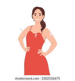 Mujer joven con vestido rojo y la mano en la cintura. Ilustración vectorial plana aislada en fondo blanco