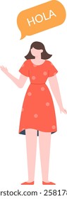 Young woman wearing a red dress is waving and saying hello in spanish with a speech bubble showing the word hola, simple flat vector illustration