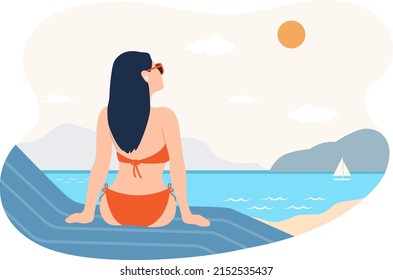 Young Woman Wearing Red Swimming Suit Is Sunbathing At The Beach Illustration 