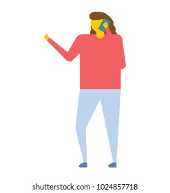 A young woman wearing red top and blue jeans talking on phone, flat vector icon 