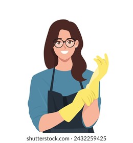 Mujer joven usando guantes de goma. ama de casa más limpia. Ilustración vectorial plana aislada sobre fondo blanco