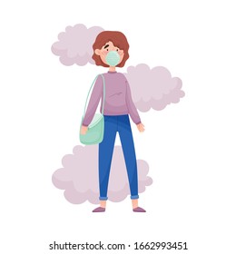 Young Woman Wearing Safety Mask Because of Bad Air and Dust Vector Illustration