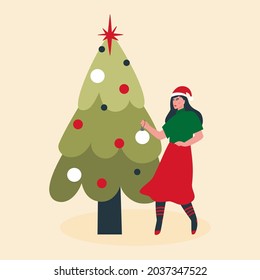 A young woman wearing a Santa cap decorating a Christmas tree with balls. New Year's Eve preparations. Vector flat illustration