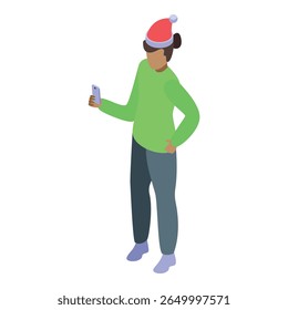 Young woman wearing santa hat using smartphone app for online shopping christmas sales