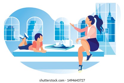 Young Woman, Wearing Smart Casual Clothes with Sneakers, Talking to Teenager Boy With Inspiration. Conversation Over Cup Tea or Coffee. Boy, Lying on Stomach, Listening to Friend Attentively.