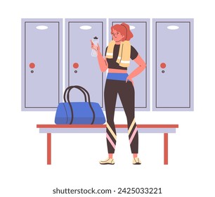 Mujer joven con traje deportivo y una toalla alrededor de su cuello. La chica deportiva está bebiendo una botella de agua y descansando después de ponerse en forma. Bolsa deportiva en vestuario de gimnasio. Ilustración de dibujos animados