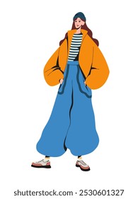 Young woman wearing sport style autumn spring season fashion clothes. Modern girl wearing casual clothes. Fashionable colorful outfit. Stylish female vector illustration isolated on a white background