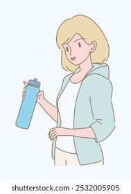 Young woman wearing sport wear, holding bottle of water, drinking more water. Girl holding reusable water bottle. Hand drawn flat cartoon character vector illustration. 