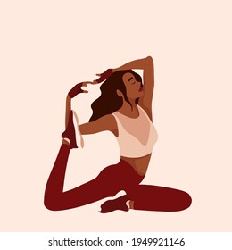 Young woman wearing sportswear doing yoga exercise. Trendy slim girl stretching. Concept health and lifestyle. Flat vector illustration.