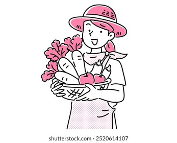A young woman wearing a straw hat and apron rejoicing after harvesting vegetables