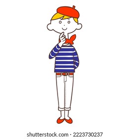 A young woman wearing a striped shirt and a beret thinking