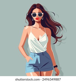 A young woman wearing stylish sunglasses, a white blouse with straps and denim shorts. Flat fashion illustration, faceless. Vector. No artificial intelligence was used to create the illustration.