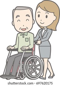 A young woman wearing a suit pushes a wheelchair on which an old men got on Illustration 