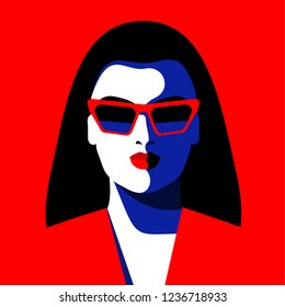 Young woman wearing suit and sunglasses. Abstract portrait of business woman. Vector illustration