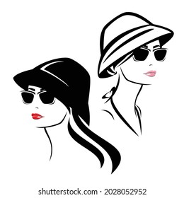 young woman wearing sunglasses and bucket hat - summer resort accessories fashion vector portrait