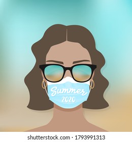 Young woman wearing sunglasses and mask on the beach. Summer 2020. Protection against coronavirus. New normal lifestyle. Vector illustration, flat design