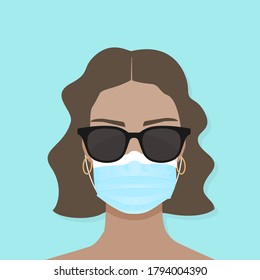 Young woman wearing sunglasses and mask. Summer 2020. Protection against coronavirus. New normal lifestyle. Vector illustration, flat design