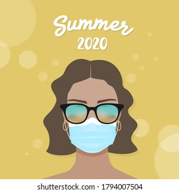 Young woman wearing sunglasses and mask. Summer 2020. Protection against coronavirus. New normal lifestyle. Vector illustration, flat design