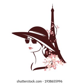 young woman wearing sunglasses and wide brimmed hat among blooming tree branches and eiffel tower - fashion spring in Paris vector design