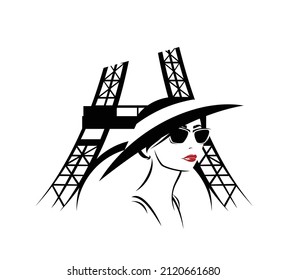 young woman wearing sunglasses and wide brimmed hat by parisian eiffel tower - fashion blogger or tourist in Paris vector design