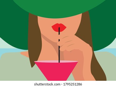 young woman wearing sunhat drinks pink cocktail through a drinking straw, relaxation at a beach bar