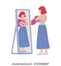 Young woman wearing a sweater near the mirror. Happy girl dressing or changing apparel. Getting ready, putting on clothes. Flat vector illustration isolated on white background