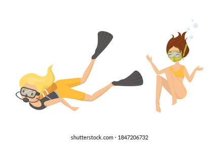 Young Woman Wearing Swim Fins and Goggles Diving and Floating Underwater Vector Illustration Set