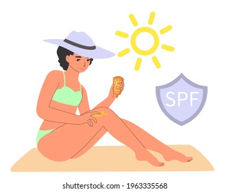 Young woman wearing swimsuit ad sun hat applying sunscreen, flat vector illustration. Sunblock, sun protection cream. Summer beach skin care routine.