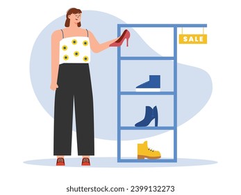 Young woman wearing tank top shopping in women's shoe store, holding red heels on display. Character design. Vector flat illustration