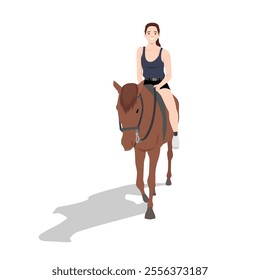 Young woman wearing tank top riding bay horse bareback. Flat vector illustration isolated on white background