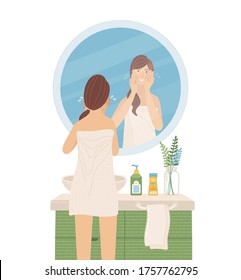 Young woman wearing towel looking at the mirror in bathroom. Girl washing her face and cleansing skin. Daily skincare routine. Start and end of day. Cartoon vector mirrored happy girl. Flat character.