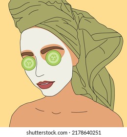 A young woman wearing a towel on her head.  Spa beauty salon illustration. Self-care concept. Woman doing cosmetic spa procedures for face skin. Morning routine. Bath time. 