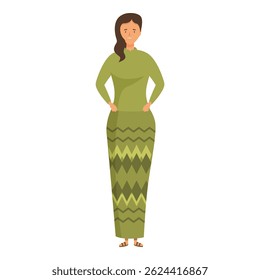 Young woman wearing traditional burmese dress is smiling and posing with hands on hips