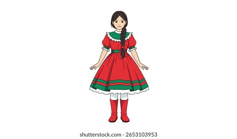 Young Woman Wearing a Traditional Festive Red Green and White Dress with Boots and Braided Hair