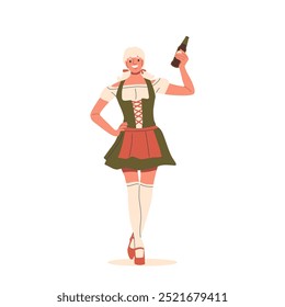 Young Woman Wearing Traditional German Costume Holding Beer Bottle Celebrating Oktoberfest. Cartoon Vector Illustration