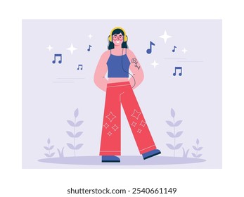 Young woman wearing trendy clothes has a tattoo listening to music on headphones, cool gen Z. Design character. Vector flat illustration