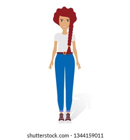 Young woman wearing trendy outfits. Female cartoon characters dressed in modern fashionable clothes. Stylish people. Colorful vector illustration in flat style