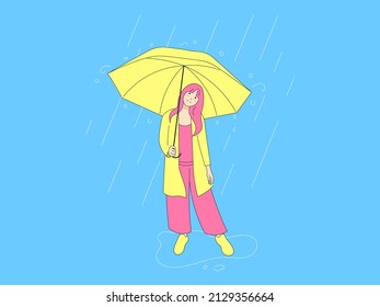 Young Woman Wearing an Umbrella in The Rain. Flat Illustration