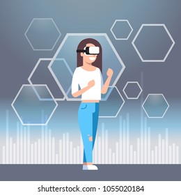Young Woman Wearing Vr Glasses Virtual Reality Technology Modern 3d Headset Concept