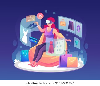 A Young Woman Wearing VR Glasses Is Doing A Shopping Experience In The Metaverse. Virtual Reality Shopping Concept. Flat Vector Illustration