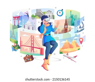 A young woman wearing VR glasses doing a game simulation of traveling around the world through virtual reality. Virtual travel for entertainment and education. Flat vector illustration