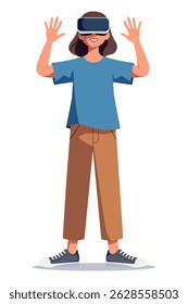 Young woman wearing VR headset looking forward with hands up in virtual reality illustration.