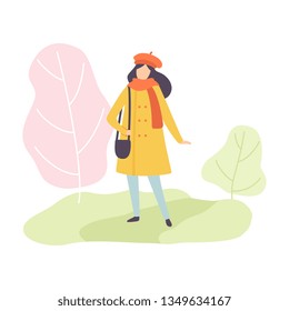 Young Woman Wearing Warm Clothes Walking in Spring Park Vector Illustration