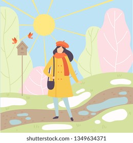 Young Woman Wearing Warm Clothes Standing on Spring Season Background, Season Change From Winter to Spring Vector Illustration