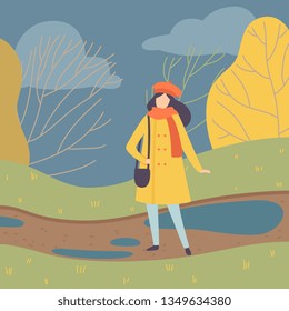 Young Woman Wearing Warm Clothes Standing on Autumn Season Background Vector Illustration