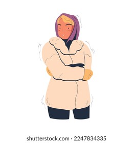 Young woman wearing warm clothes freezing and shivering. Girl trying to warm during winter or autumn season cartoon vector illustration