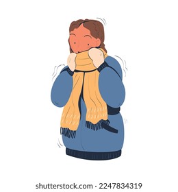 Young woman wearing warm jacket, scarf and mittens freezing and shivering. Girl trying to warm during winter or autumn season cartoon vector illustration