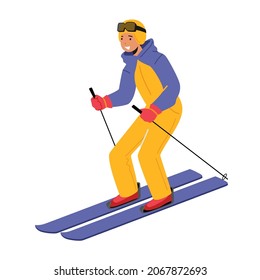 Young Woman Wearing Warm Sportive Costume and Goggles Going Downhill by Skis Isolated on White Background. Winter Sports, Outdoors Leisure, Active Spare Time. Cartoon Vector Illustration