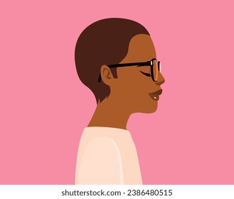 Young woman wearing white casual top and glasses looking to side vector illustration. Female person profile pose  with confident smile on pink background